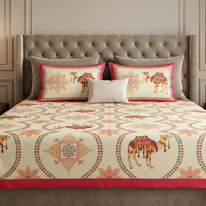 Authentic Rajasthani Camel Motif Pure Cotton Bedsheet Set with Vibrant Pink Border
