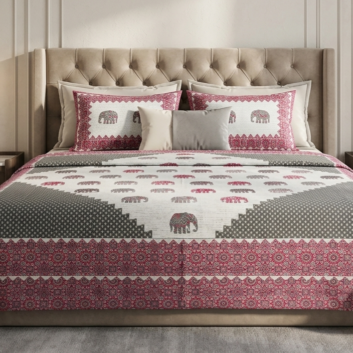 Traditional Elephant Block Print Paneled Cotton Bedsheet Set (Maroon & Grey)