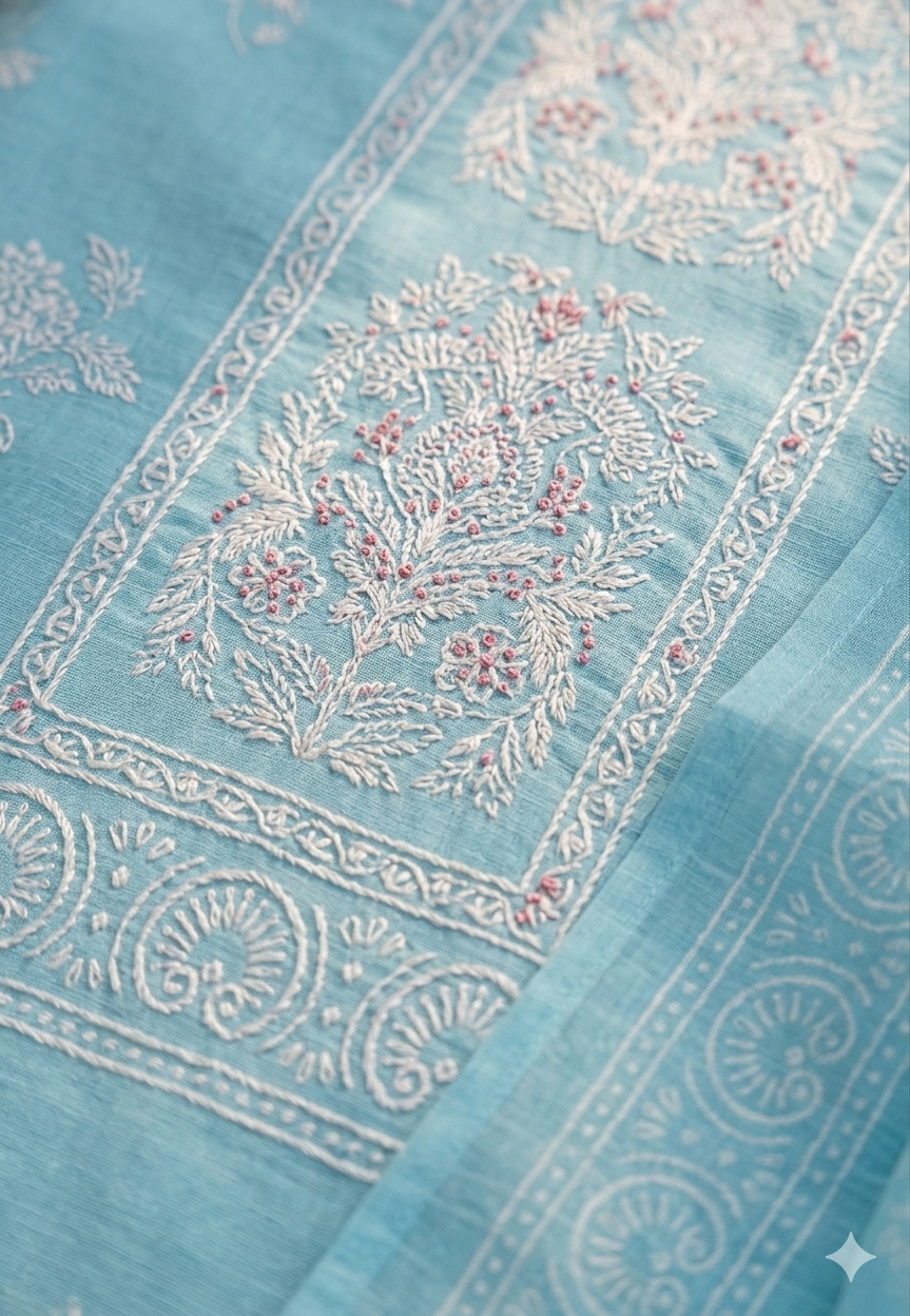 Sky Blue Floral Printed Cotton Kurta Set with Coordinated Dupatta