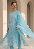 Sky Blue Floral Buta Jaipur Hand Block Print Unstitched Suit with Neckline Panel