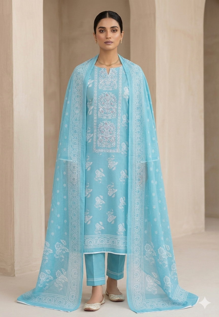 Sky Blue Floral Printed Cotton Kurta Set with Coordinated Dupatta