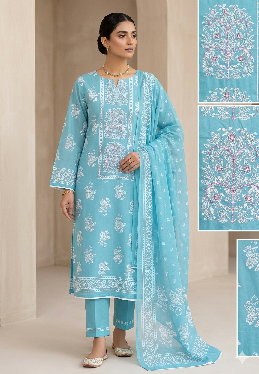 Sky Blue Floral Printed Cotton Kurta Set with Coordinated Dupatta