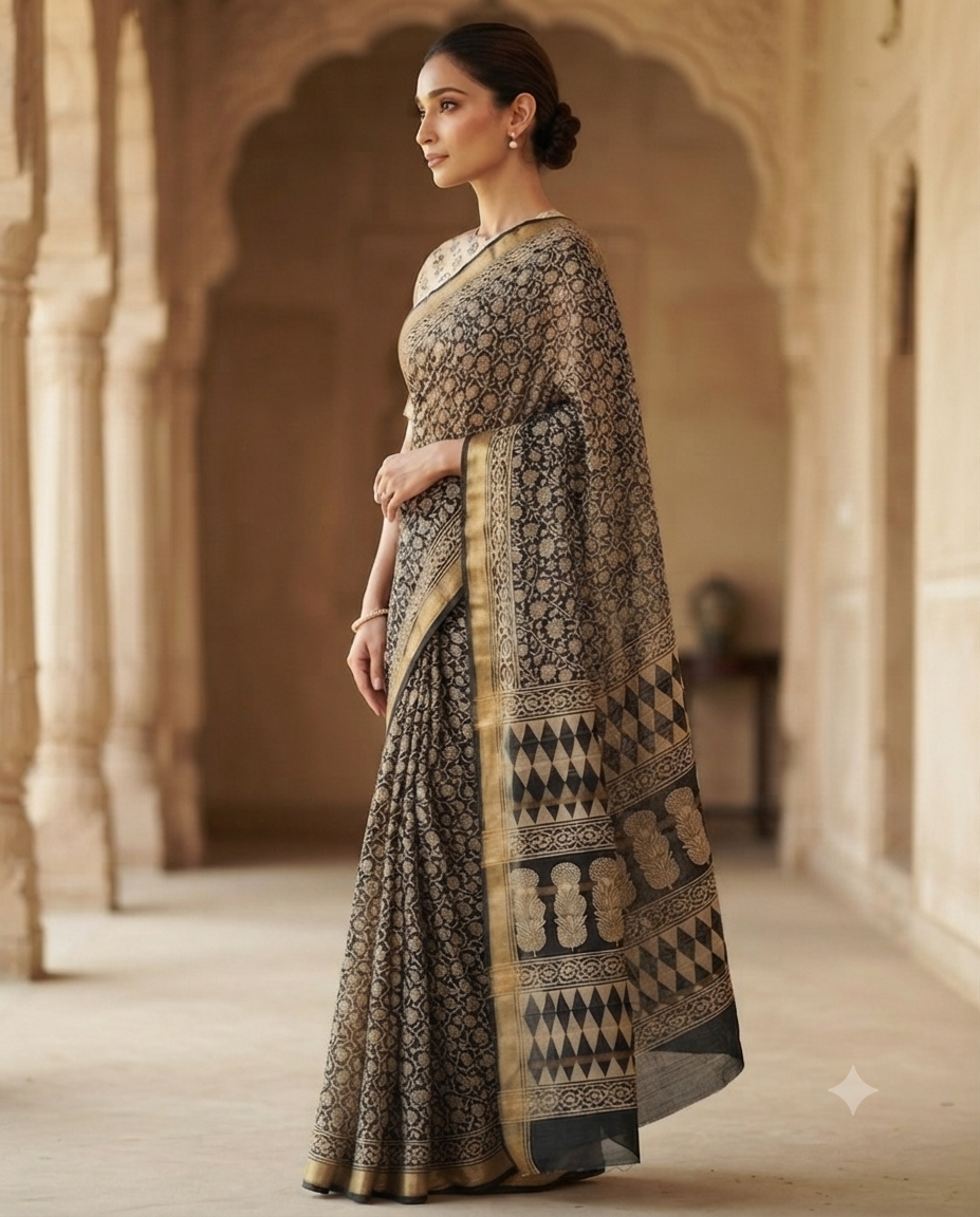 Premium Black & Antique Gold Handloom Cotton Saree | Artisan Woven Traditional Indian Saree