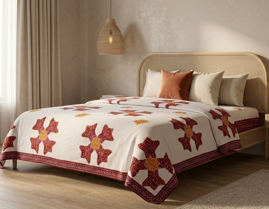 Traditional Bandhani Inspired Maroon & Mustard Cotton Bedsheet Set