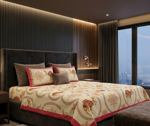Authentic Rajasthani Camel Motif Pure Cotton Bedsheet Set with Vibrant Pink Border