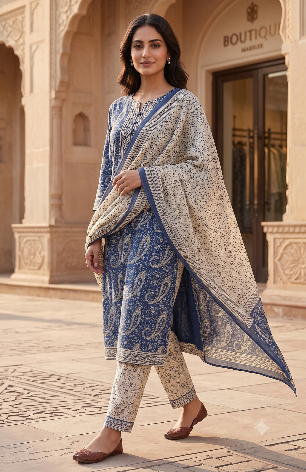 Indigo Blue Paisley Jaipur Hand Block Print Unstitched Suit with Floral Dupatta