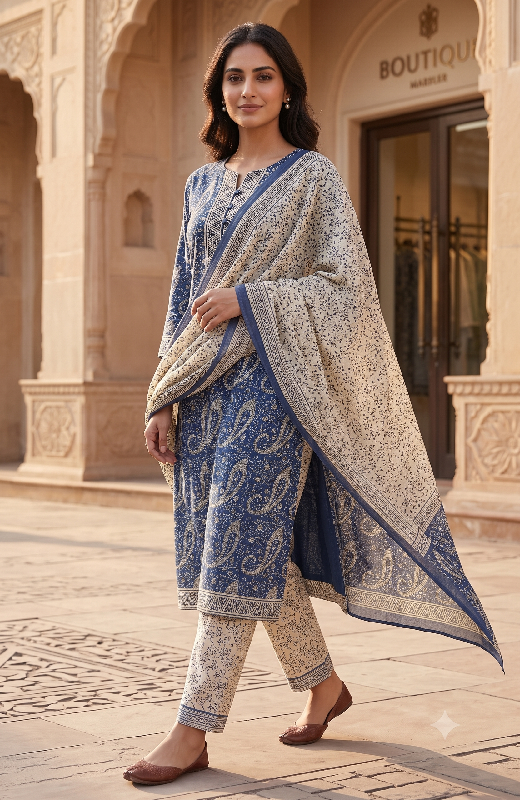 Indigo Blue Paisley Jaipur Hand Block Print Unstitched Suit with Floral Dupatta