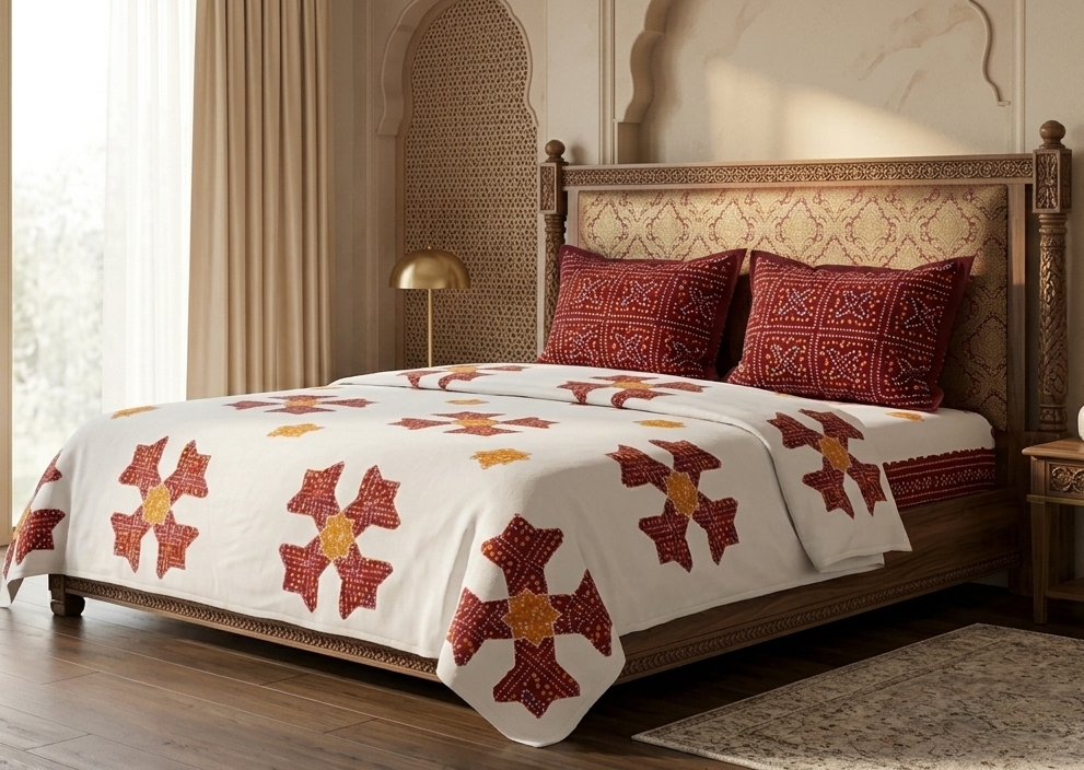 Traditional Bandhani Inspired Maroon & Mustard Cotton Bedsheet Set