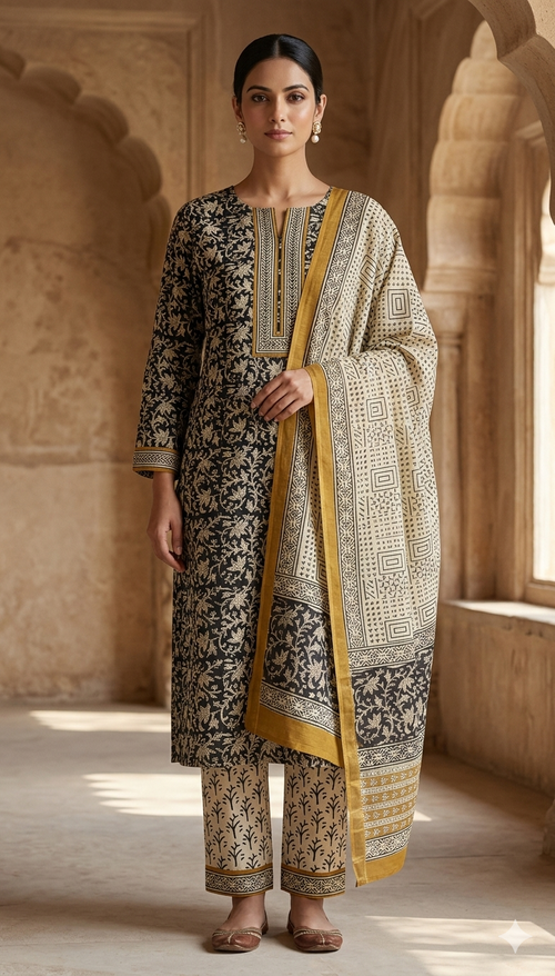 Black Floral Jaal Jaipur Hand Block Print Unstitched Suit with Geometric Dupatta