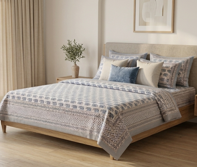 Traditional Indigo Elephant Block Print Pure Cotton Bedsheet Set (with 2 Pillow Covers)