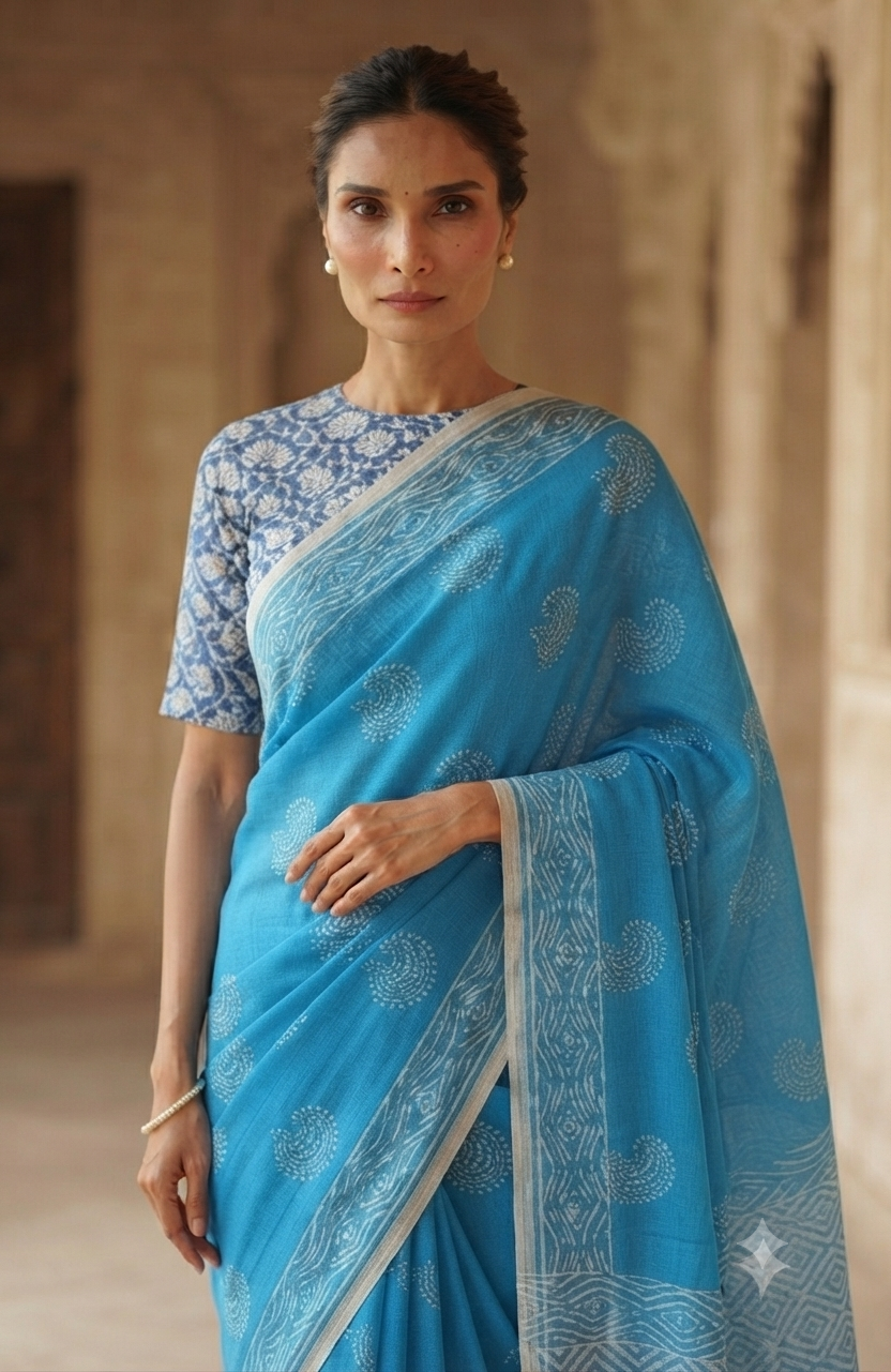 Premium Sky Blue Handloom Cotton Saree with White Woven Border | Lightweight Indian Artisan Saree