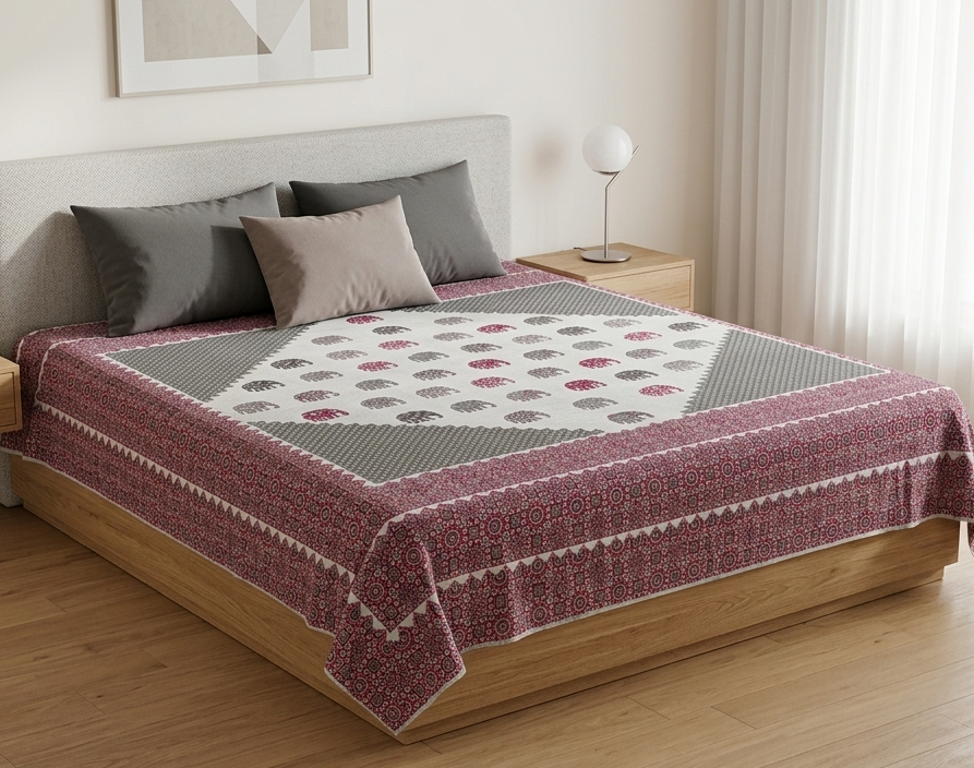 Traditional Elephant Block Print Paneled Cotton Bedsheet Set (Maroon & Grey)