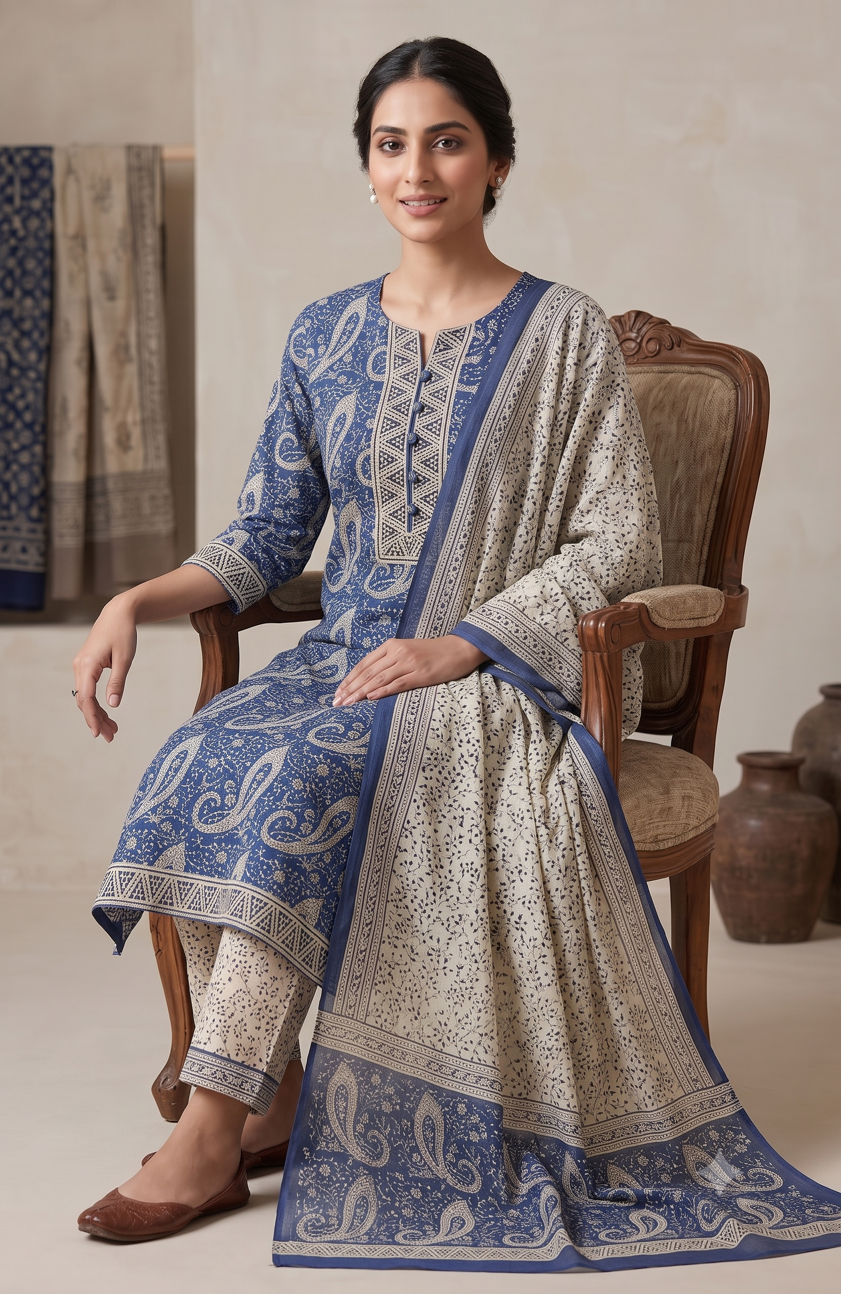 Indigo Blue Paisley Jaipur Hand Block Print Unstitched Suit with Floral Dupatta