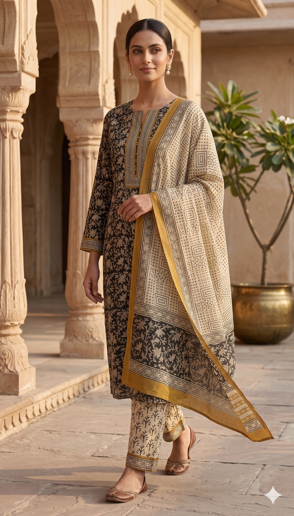 Black Floral Jaal Jaipur Hand Block Print Unstitched Suit with Geometric Dupatta