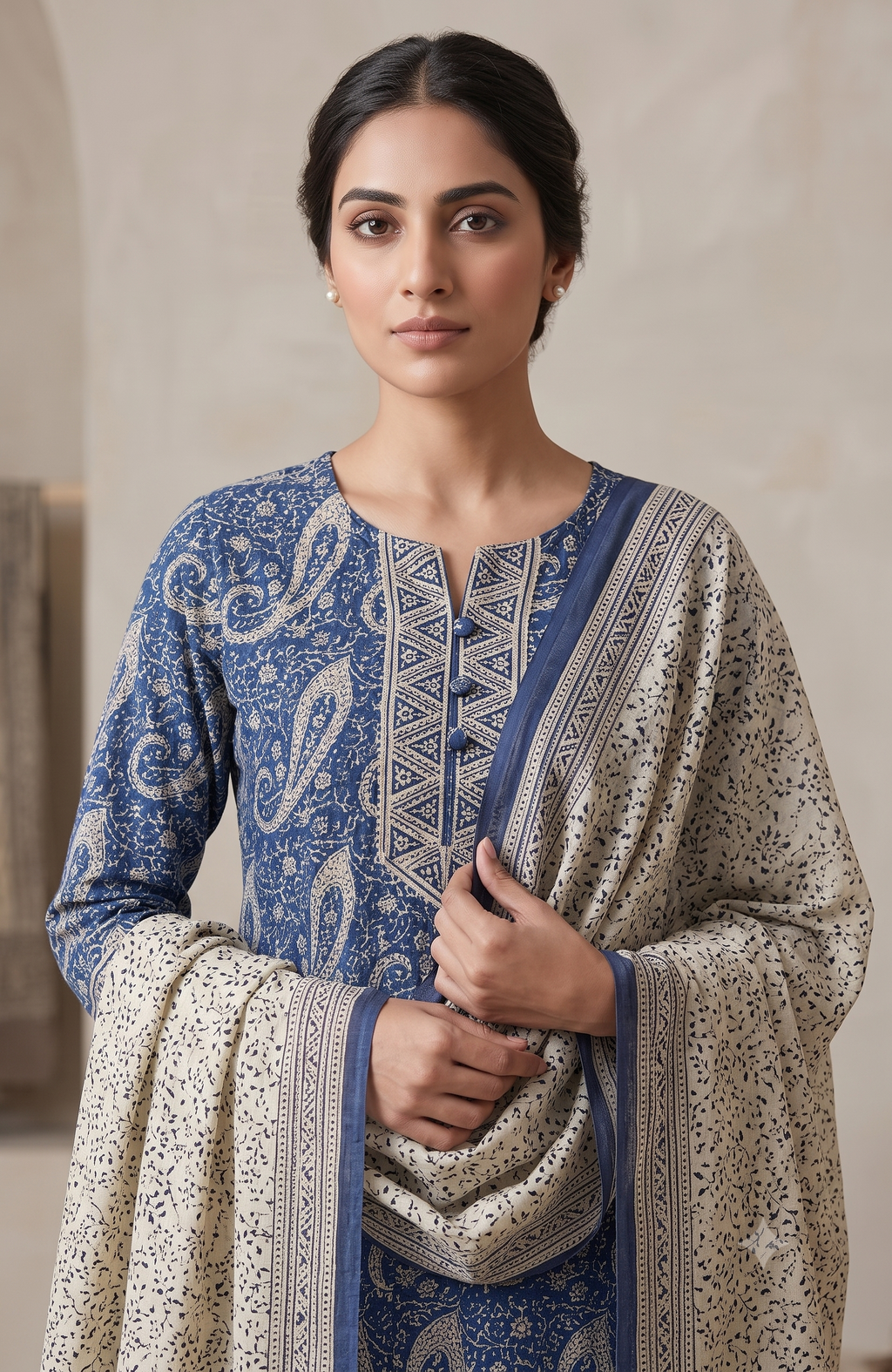 Indigo Blue Paisley Jaipur Hand Block Print Unstitched Suit with Floral Dupatta