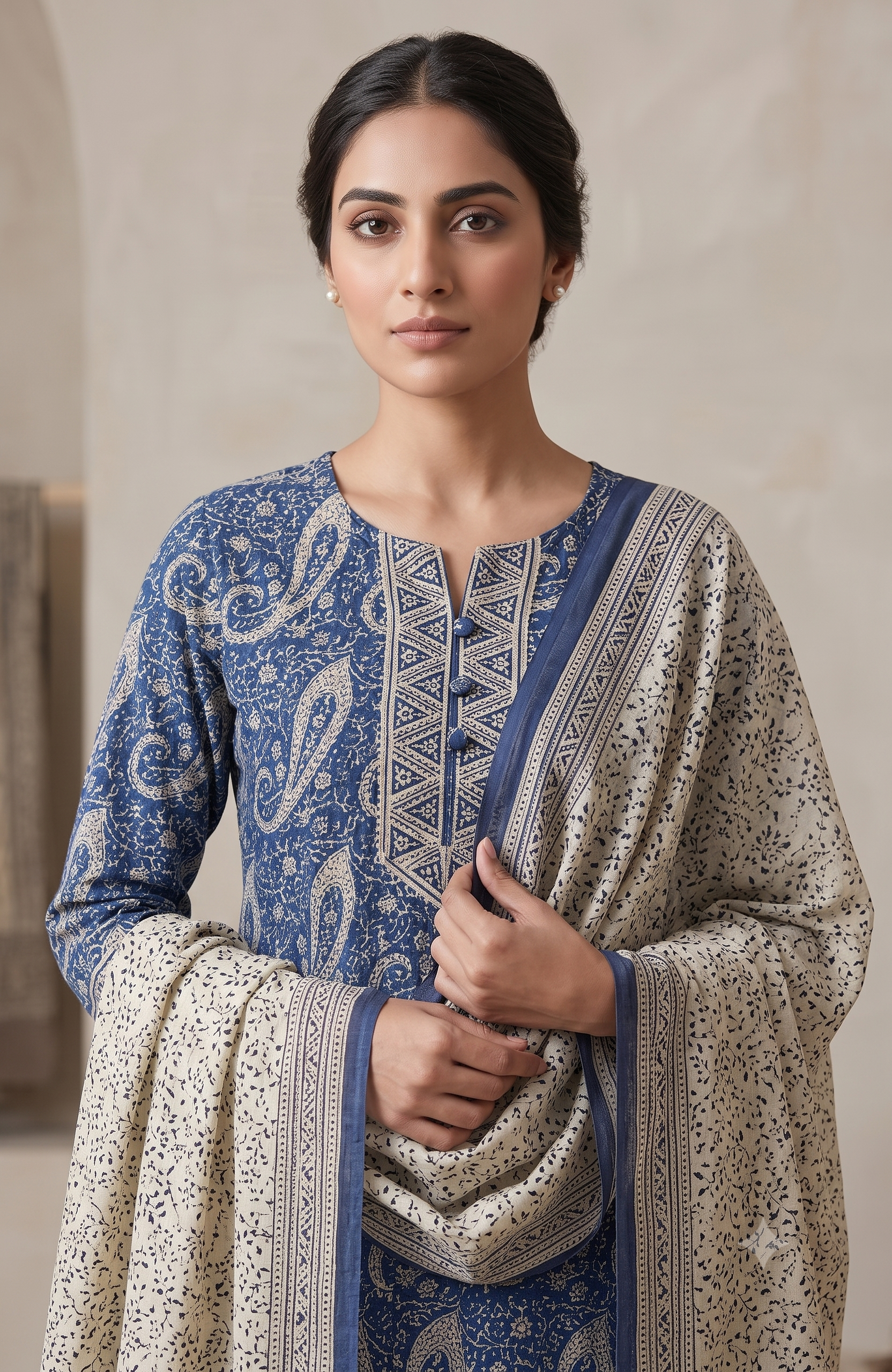 Indigo Blue Paisley Jaipur Hand Block Print Unstitched Suit with Floral Dupatta