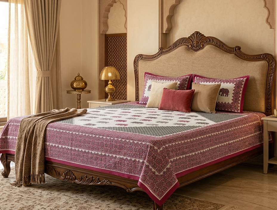 Traditional Elephant Block Print Paneled Cotton Bedsheet Set (Maroon & Grey)