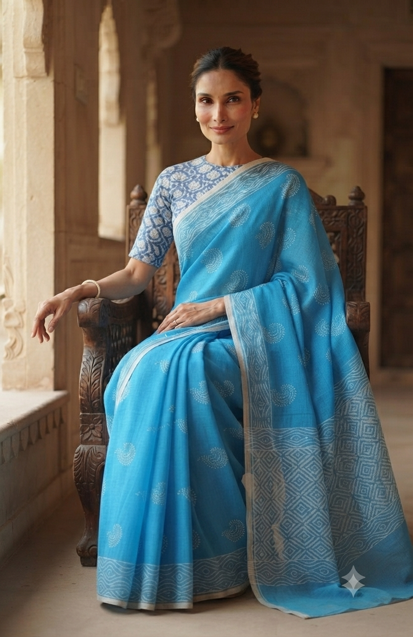 Premium Sky Blue Handloom Cotton Saree with White Woven Border | Lightweight Indian Artisan Saree