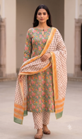 Sage Green and Pink Floral Jaal Jaipur Hand Block Print Unstitched Suit with Buti Dupatta