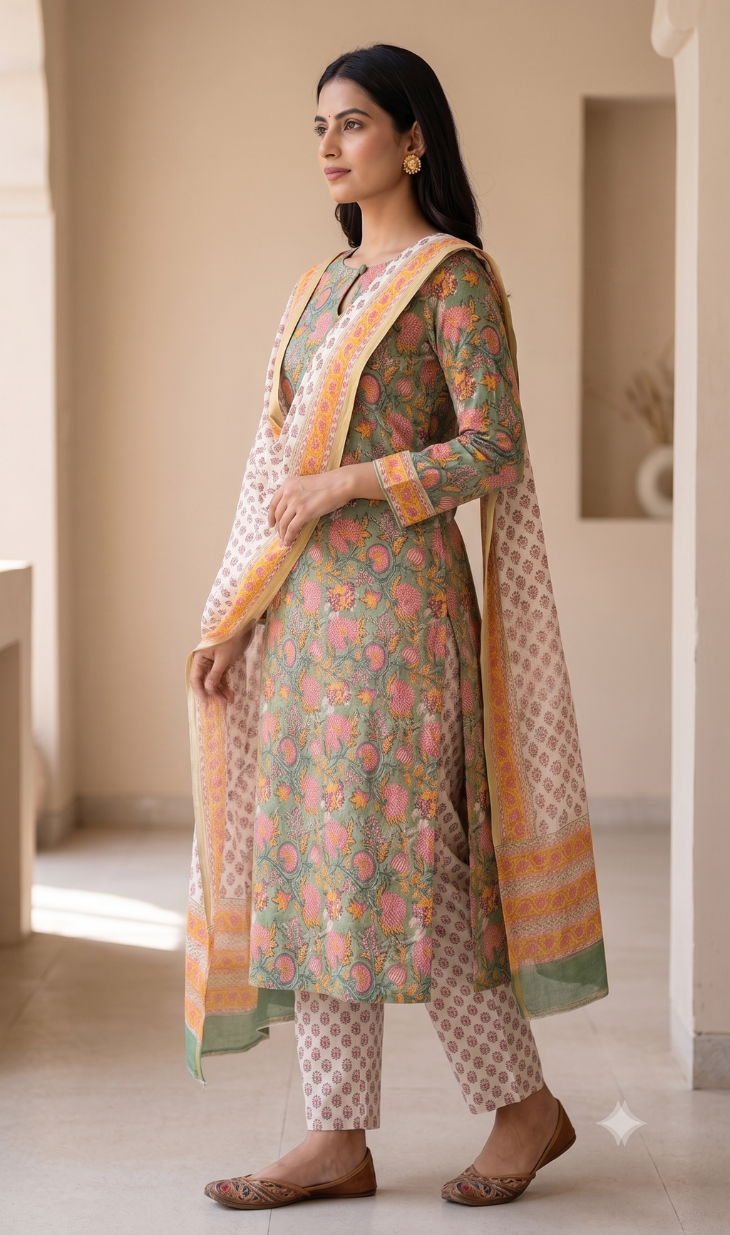 Sage Green and Pink Floral Jaal Jaipur Hand Block Print Unstitched Suit with Buti Dupatta