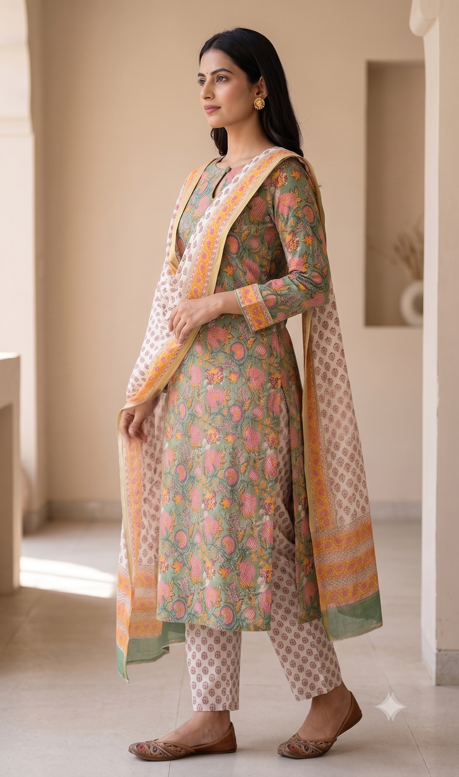 Sage Green and Pink Floral Jaal Jaipur Hand Block Print Unstitched Suit with Buti Dupatta