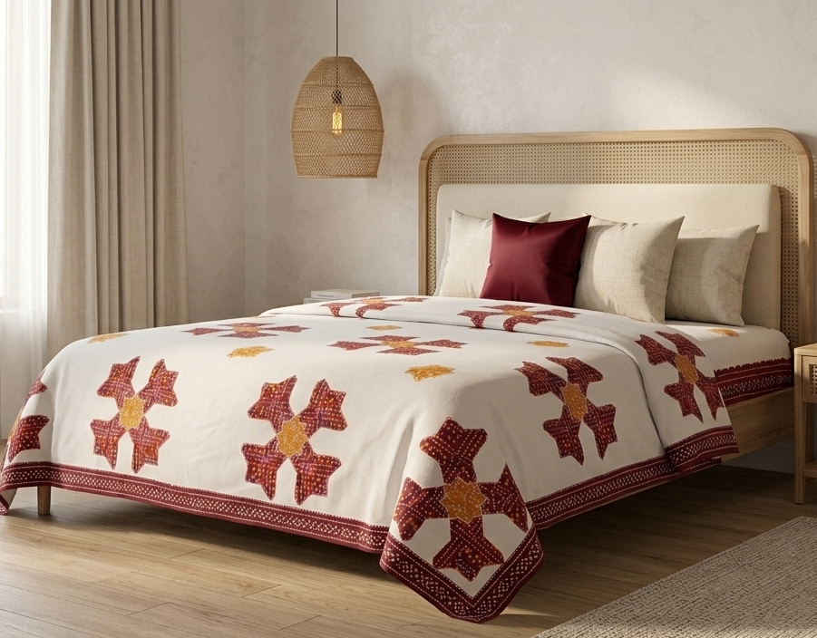 Traditional Bandhani Inspired Maroon & Mustard Cotton Bedsheet Set