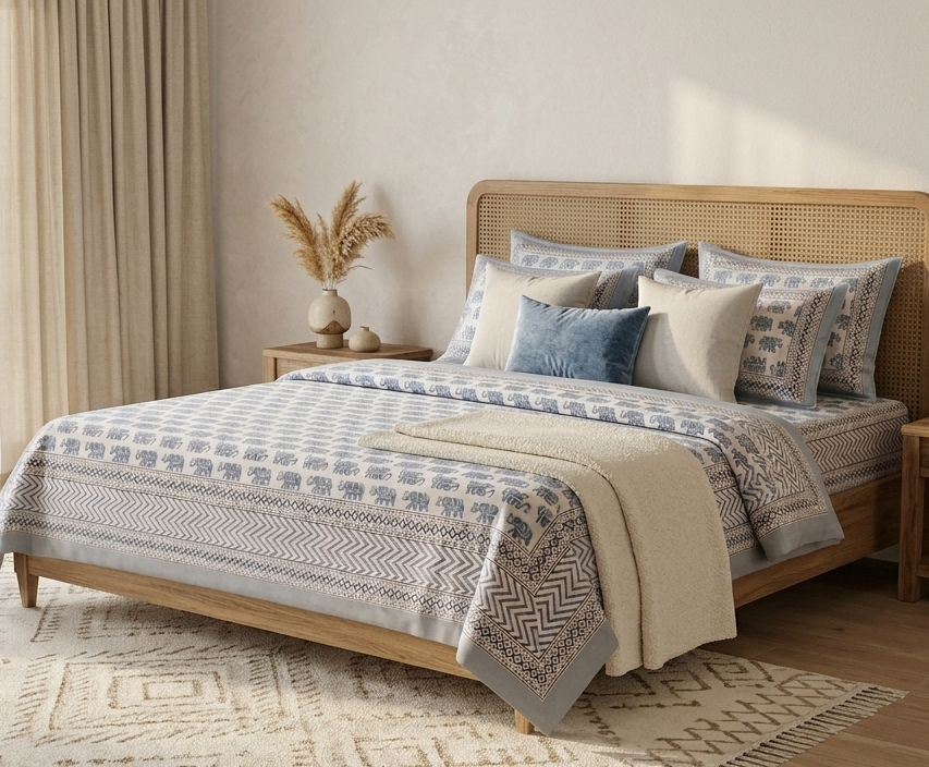 Traditional Indigo Elephant Block Print Pure Cotton Bedsheet Set (with 2 Pillow Covers)