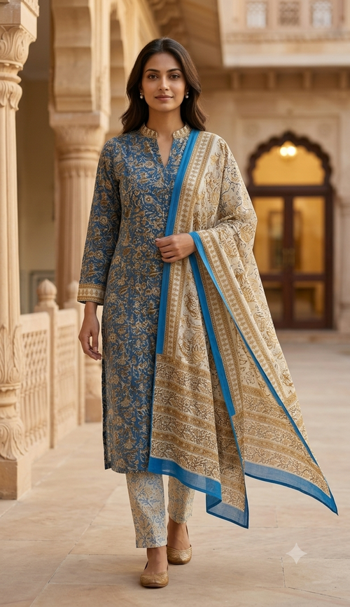 Dusty Blue Floral Jaal Jaipur Hand Block Print Unstitched Suit with Paisley Dupatta