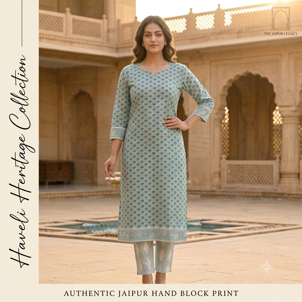 Light Aqua Floral Buti Jaipur Hand Block Print Unstitched Suit