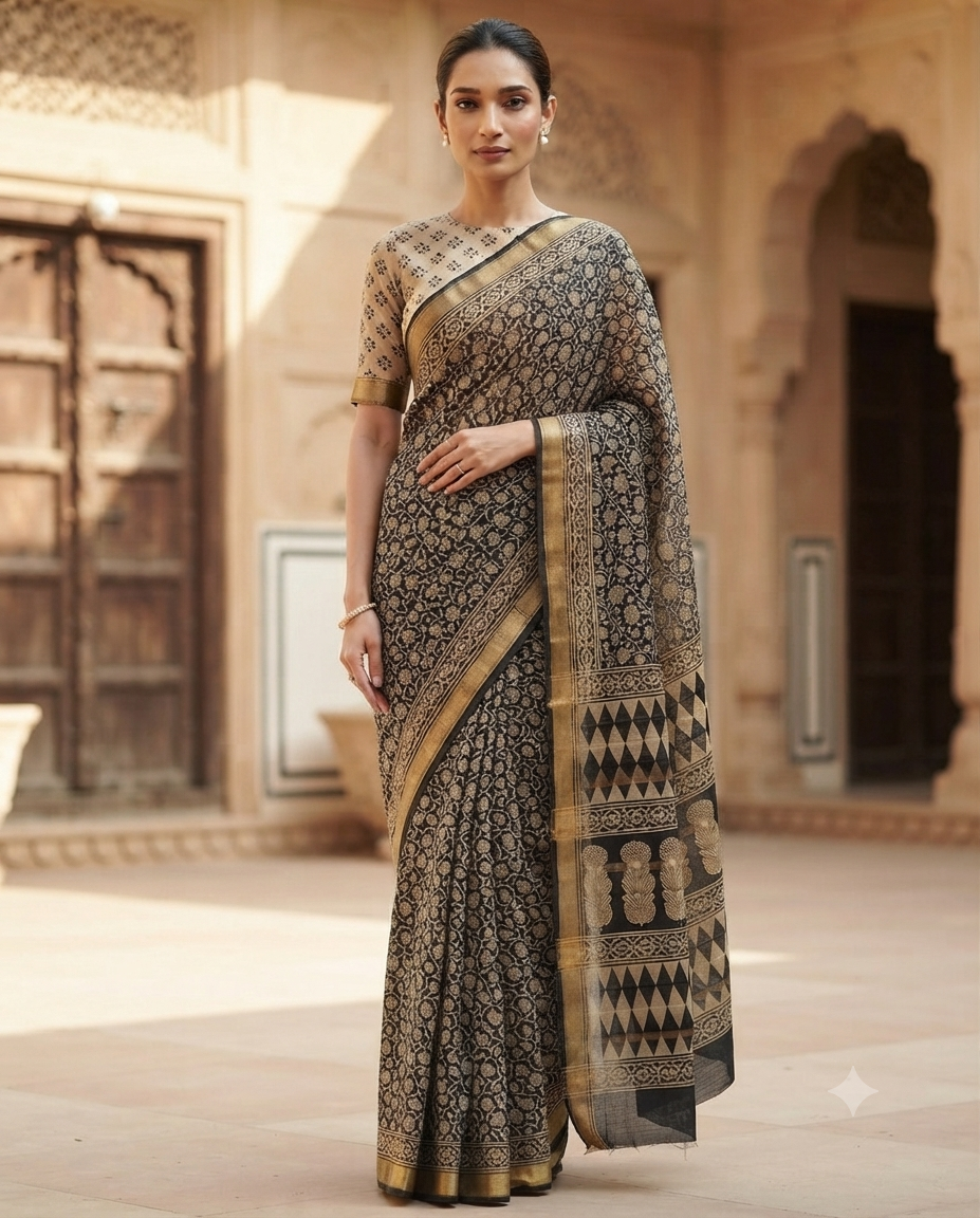 Premium Black & Antique Gold Handloom Cotton Saree | Artisan Woven Traditional Indian Saree