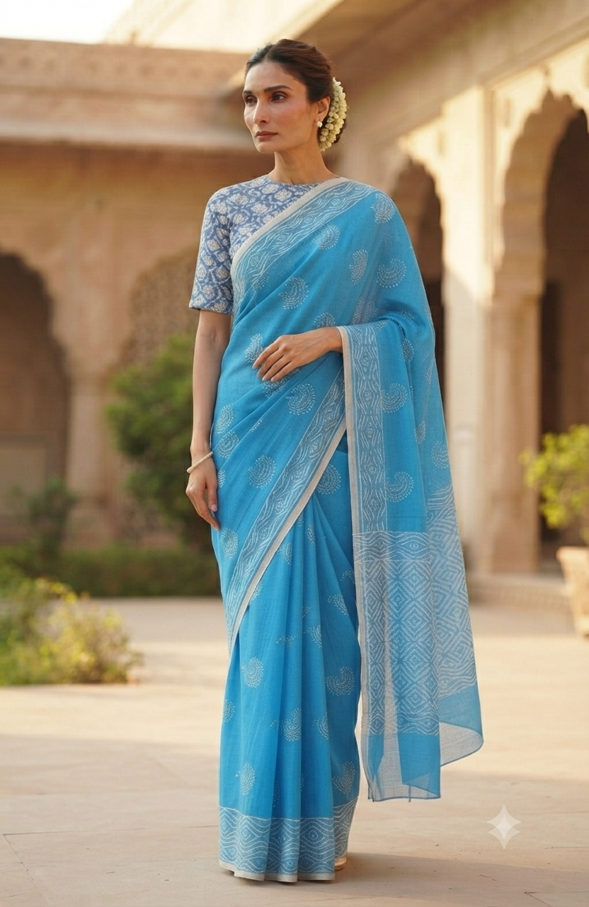 Premium Sky Blue Handloom Cotton Saree with White Woven Border | Lightweight Indian Artisan Saree