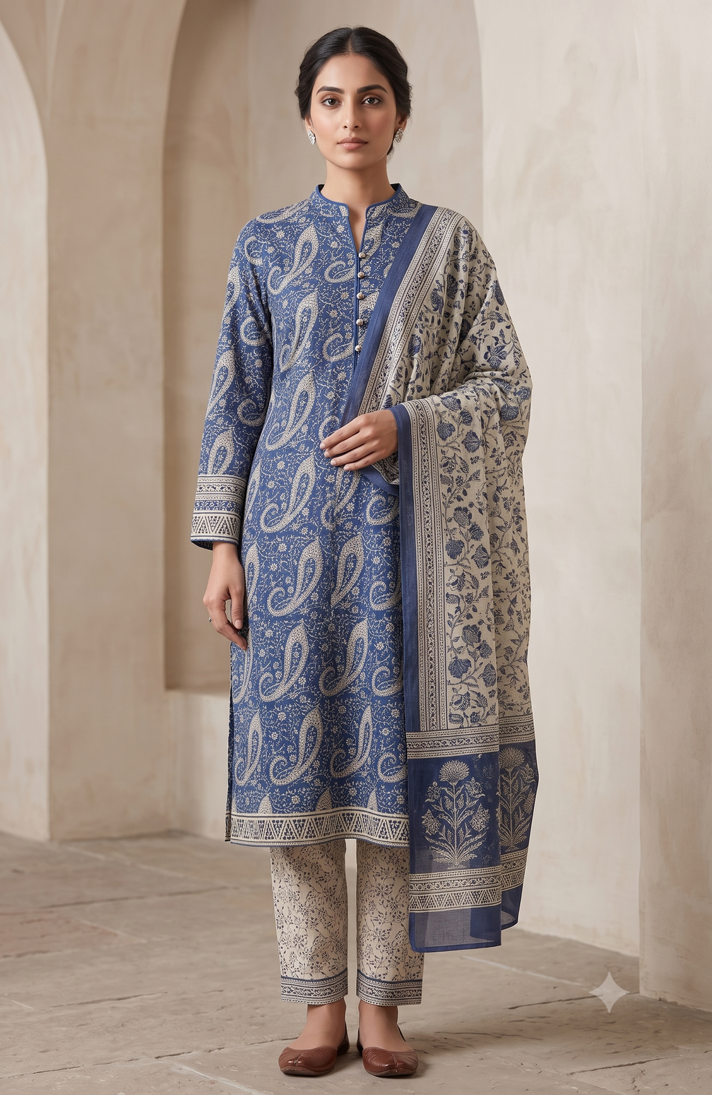 Indigo Blue Paisley Jaipur Hand Block Print Unstitched Suit with Floral Dupatta