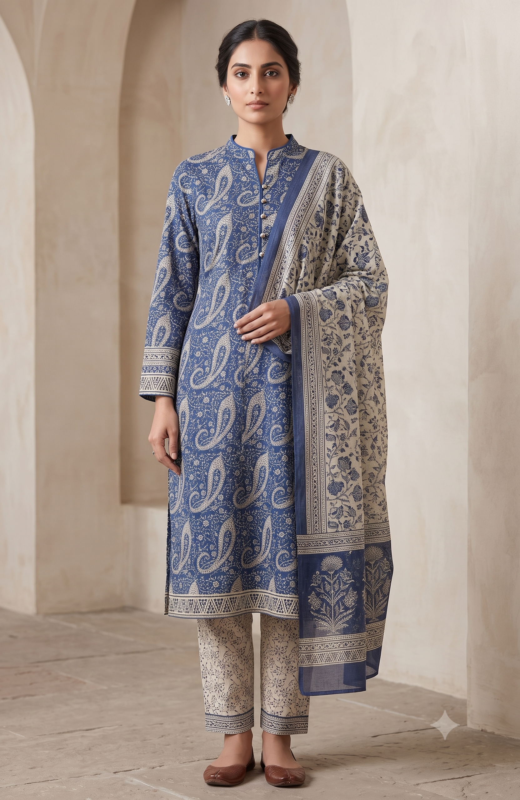 Indigo Blue Paisley Jaipur Hand Block Print Unstitched Suit with Floral Dupatta