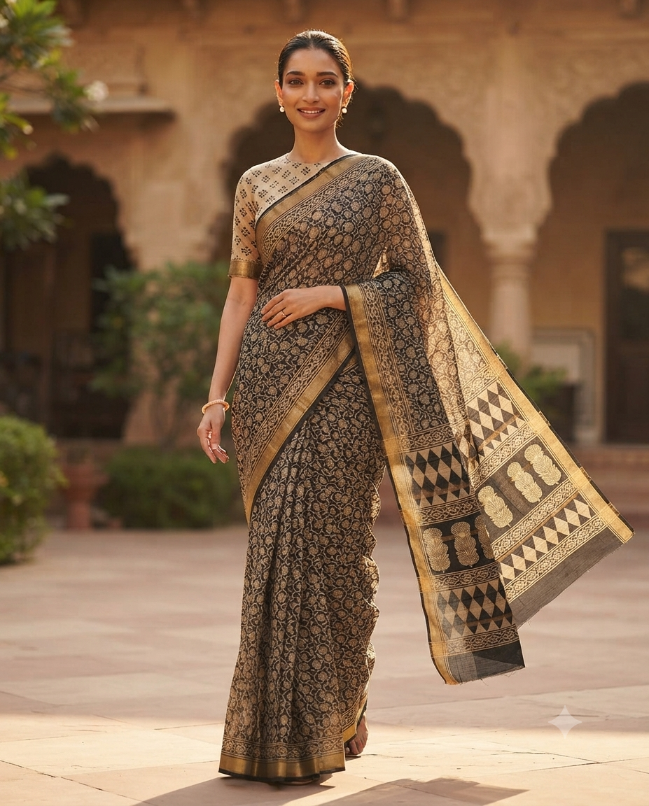 Premium Black & Antique Gold Handloom Cotton Saree | Artisan Woven Traditional Indian Saree