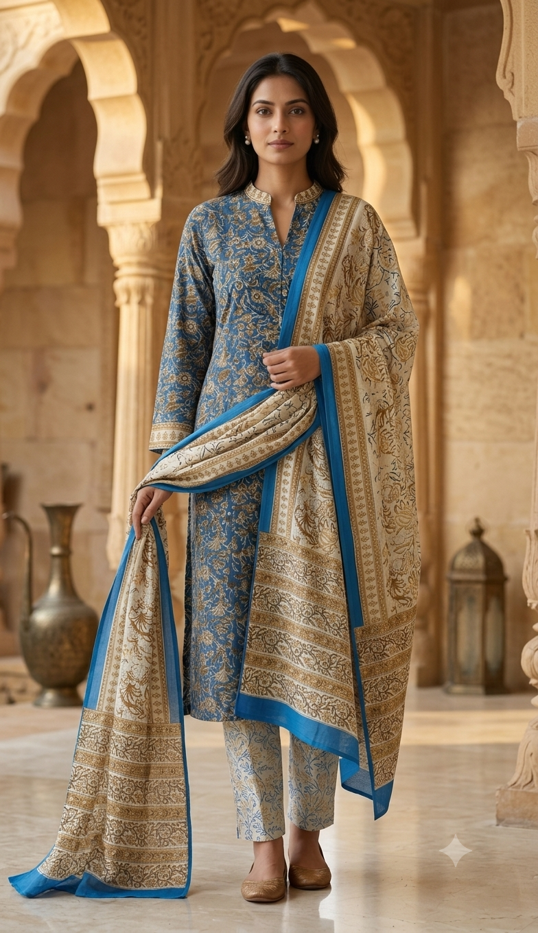 Dusty Blue Floral Jaal Jaipur Hand Block Print Unstitched Suit with Paisley Dupatta