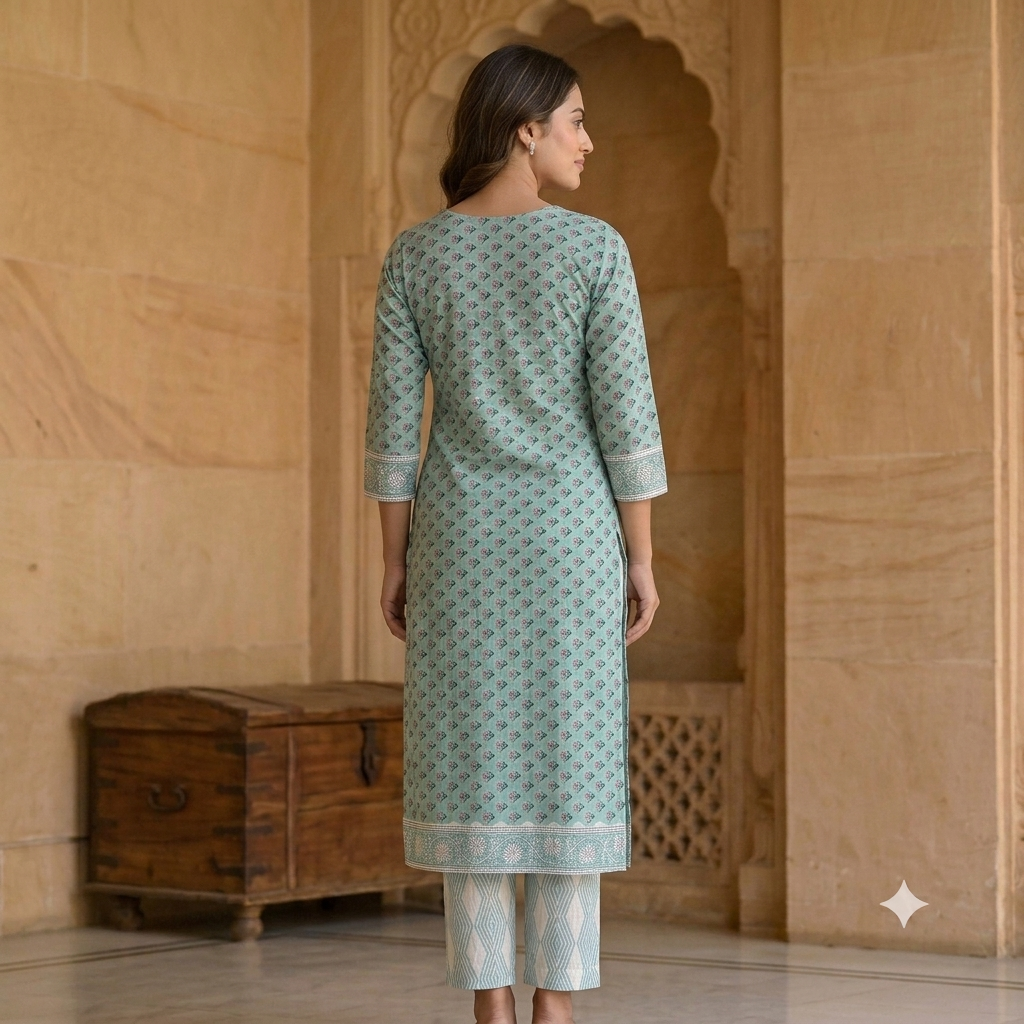 Light Aqua Floral Buti Jaipur Hand Block Print Unstitched Suit