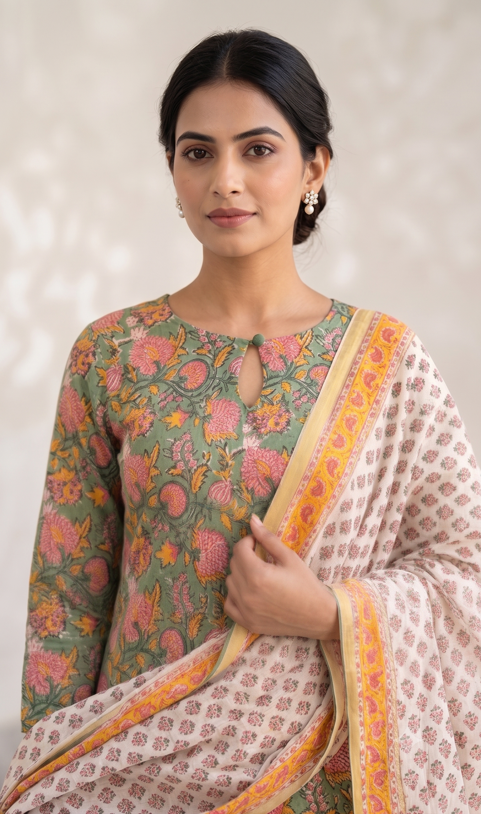 Sage Green and Pink Floral Jaal Jaipur Hand Block Print Unstitched Suit with Buti Dupatta