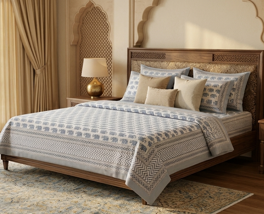Traditional Indigo Elephant Block Print Pure Cotton Bedsheet Set (with 2 Pillow Covers)