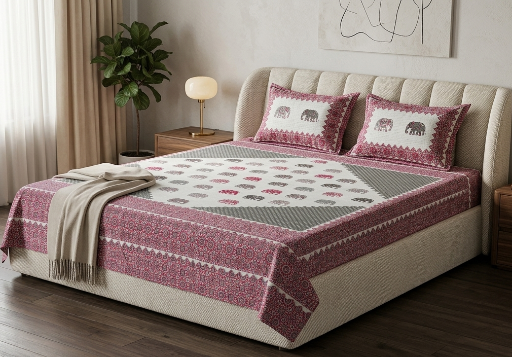 Traditional Elephant Block Print Paneled Cotton Bedsheet Set (Maroon & Grey)