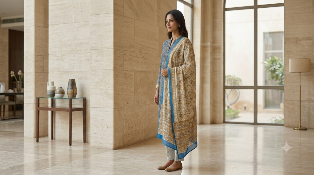 Dusty Blue Floral Jaal Jaipur Hand Block Print Unstitched Suit with Paisley Dupatta
