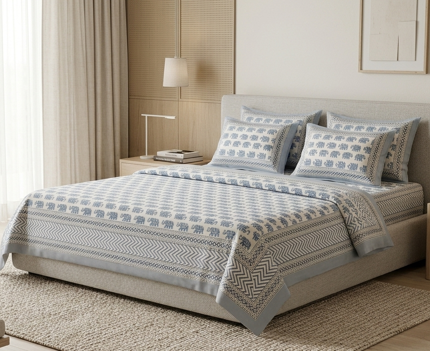 Traditional Indigo Elephant Block Print Pure Cotton Bedsheet Set (with 2 Pillow Covers)
