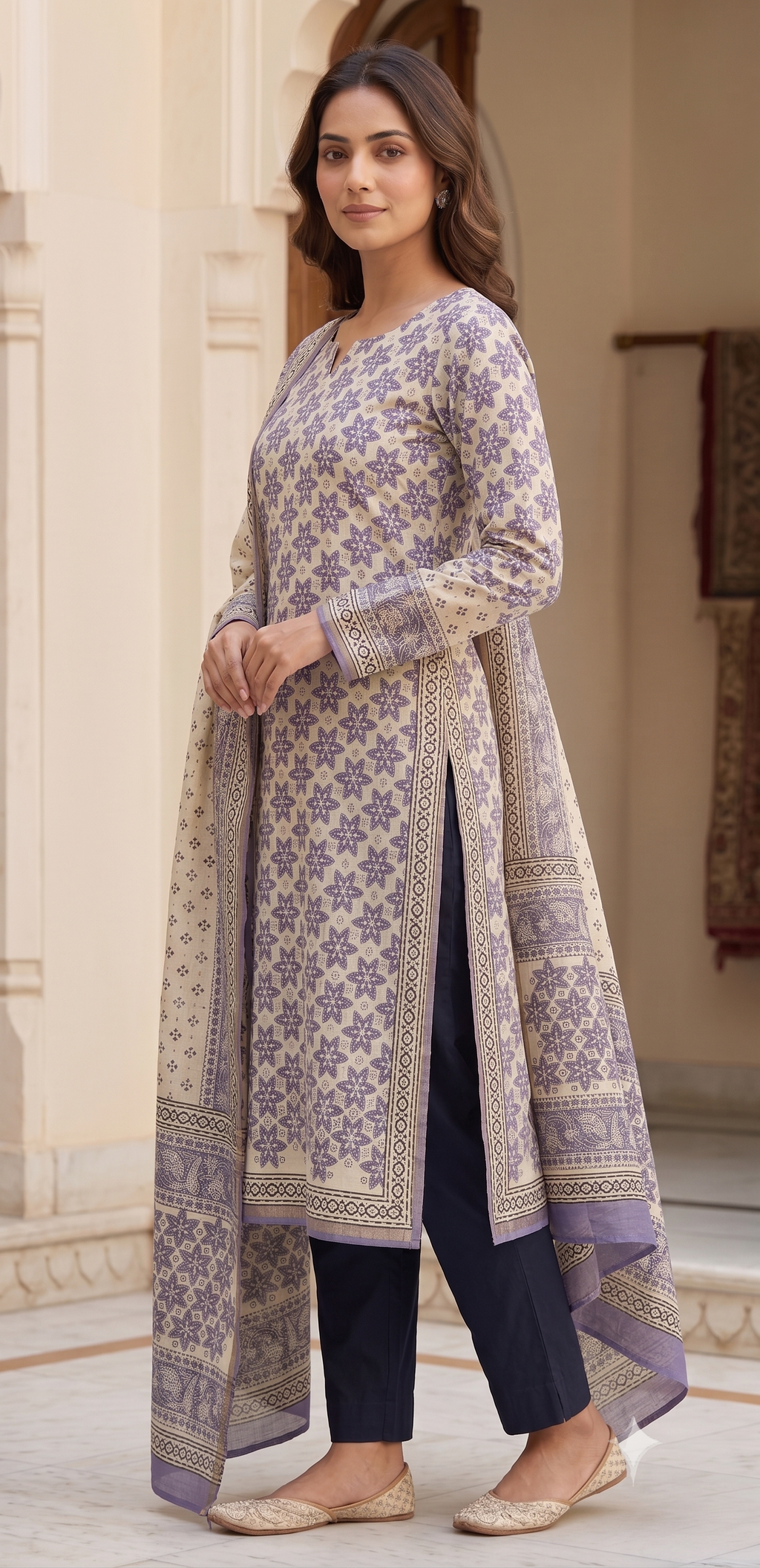 Lilac Star Geometric Jaipur Hand Block Print Unstitched Suit with Solid Bottom