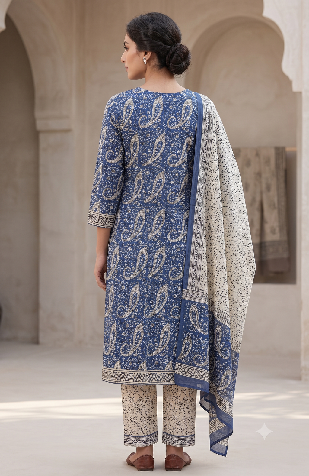 Indigo Blue Paisley Jaipur Hand Block Print Unstitched Suit with Floral Dupatta