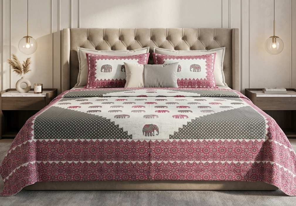 Traditional Elephant Block Print Paneled Cotton Bedsheet Set (Maroon & Grey)