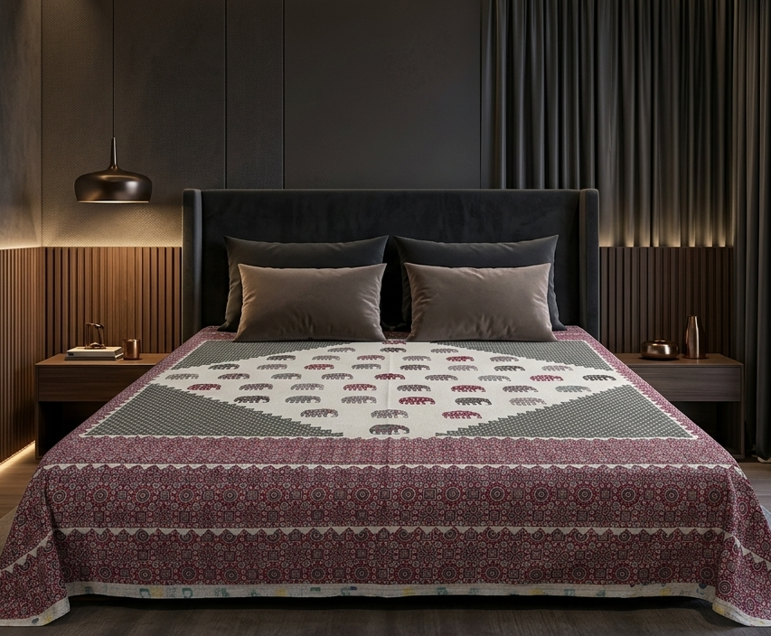 Traditional Elephant Block Print Paneled Cotton Bedsheet Set (Maroon & Grey)