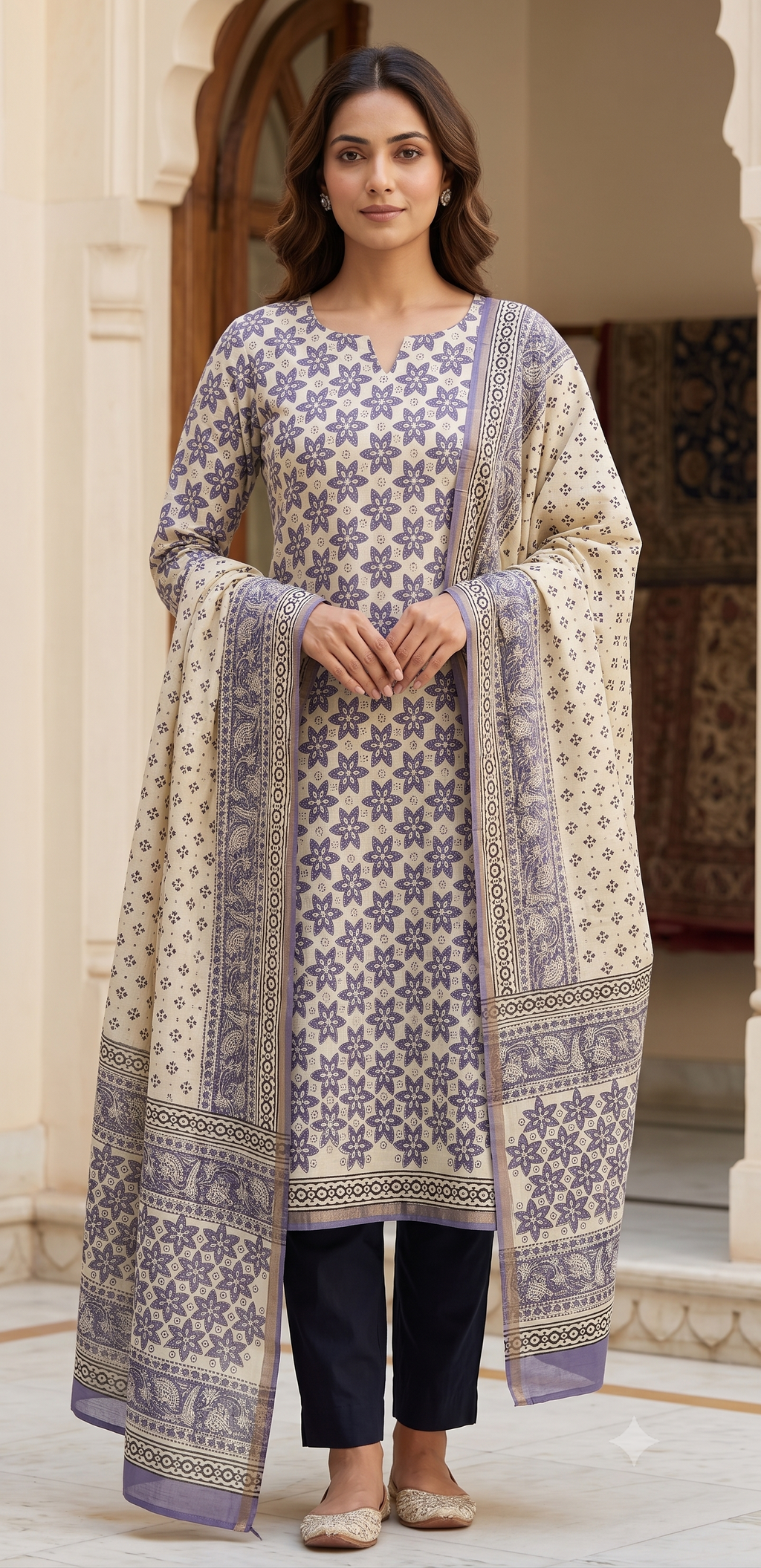 Lilac Star Geometric Jaipur Hand Block Print Unstitched Suit with Solid Bottom