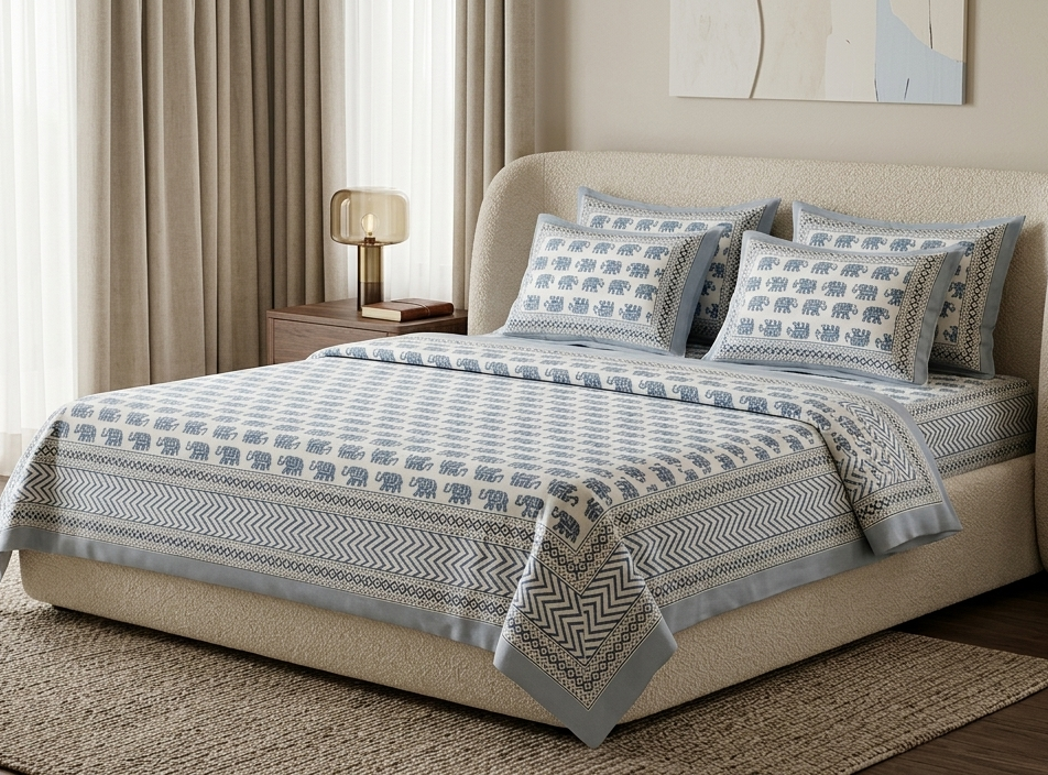 Traditional Indigo Elephant Block Print Pure Cotton Bedsheet Set (with 2 Pillow Covers)