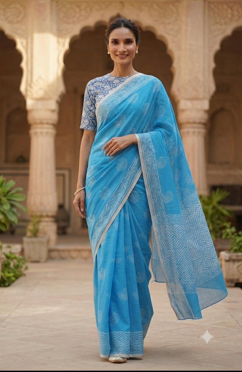 Premium Sky Blue Handloom Cotton Saree with White Woven Border | Lightweight Indian Artisan Saree