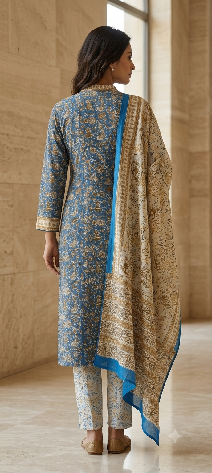 Dusty Blue Floral Jaal Jaipur Hand Block Print Unstitched Suit with Paisley Dupatta