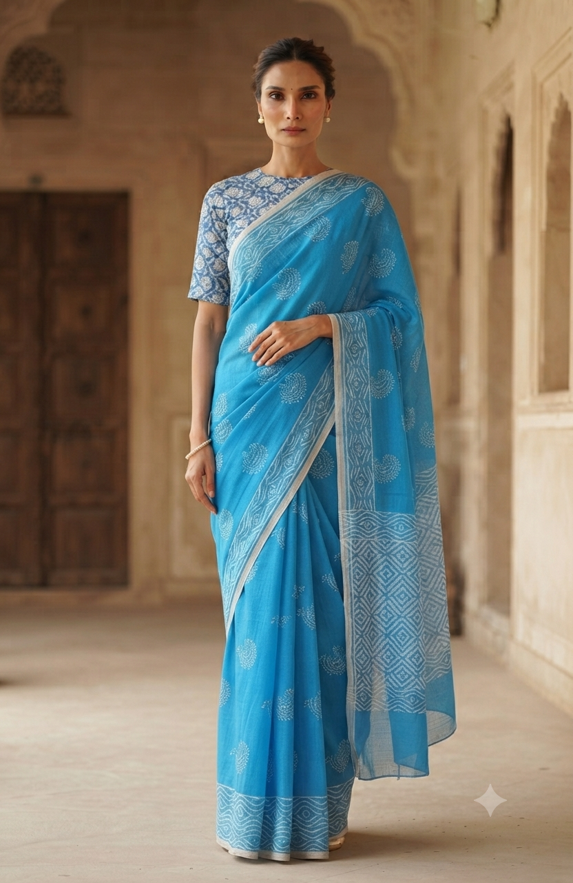 Premium Sky Blue Handloom Cotton Saree with White Woven Border | Lightweight Indian Artisan Saree